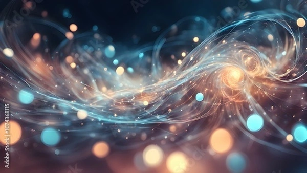Fototapeta Abstract swirling lights with glowing orbs and flowing lines in a dreamy atmosphere.