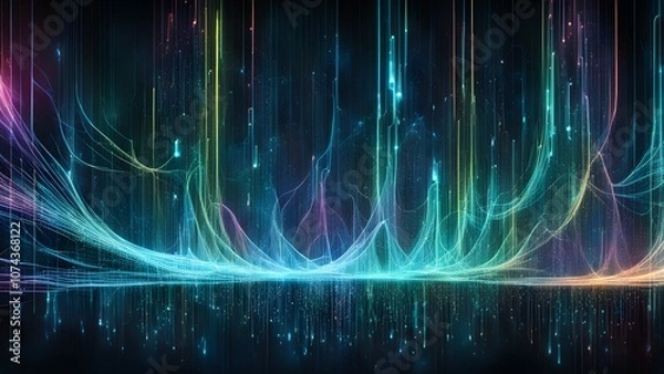 Fototapeta A vibrant abstract representation of colorful light waves and digital patterns.