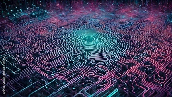 Fototapeta Abstract digital circuit design with vibrant colors and intricate patterns.