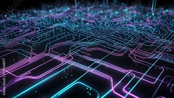 Fototapeta Abstract digital circuit design with glowing lines and nodes in blue and pink hues.