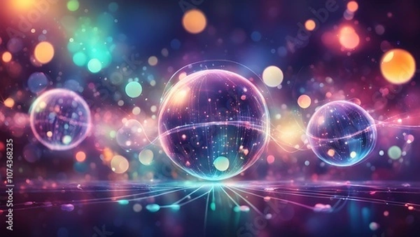 Fototapeta Abstract digital art featuring glowing spheres and vibrant colors in a cosmic setting.