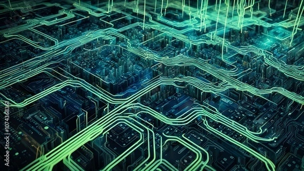 Fototapeta Abstract representation of a circuit board with glowing lines and digital elements.