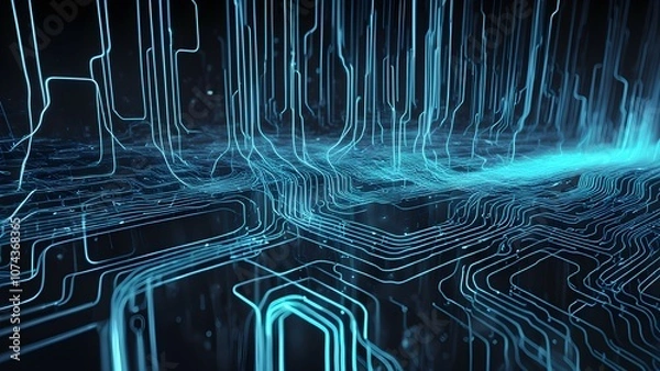 Fototapeta A futuristic digital landscape with glowing blue circuit patterns.