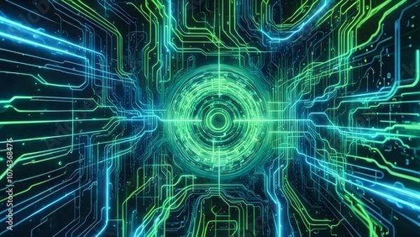 Fototapeta Abstract digital circuit design with glowing lines and a central circular pattern.