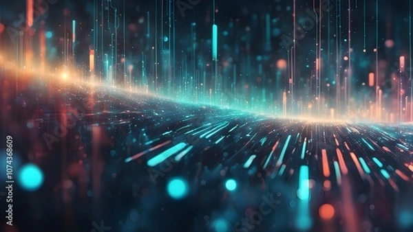 Fototapeta Abstract digital landscape with vibrant colors and light streaks suggesting motion and depth.