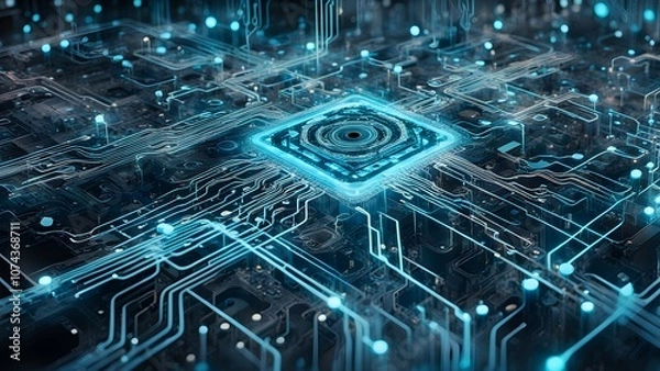 Fototapeta A close-up of a futuristic microchip with intricate circuit patterns and glowing elements.
