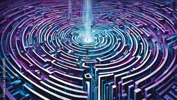 Fototapeta A vibrant, abstract maze with a central light beam, symbolizing complexity and exploration.