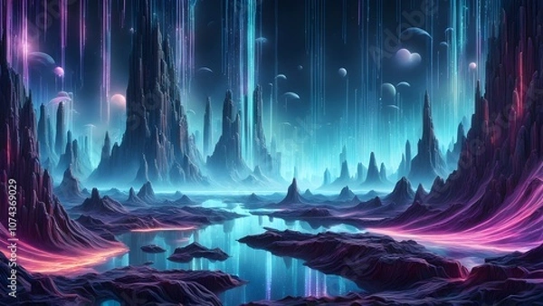 Fototapeta A vibrant, surreal landscape with glowing formations and a refle