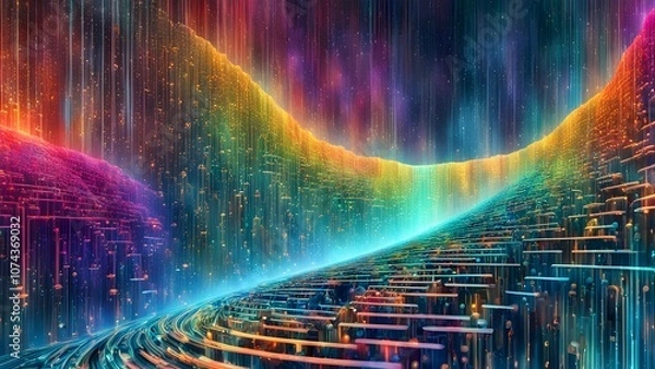 Fototapeta A vibrant, abstract landscape with colorful gradients and flowing lines, evoking a digital realm.