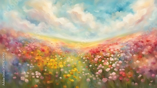 Fototapeta A colorful field of blooming flowers under a serene sky with soft clouds.