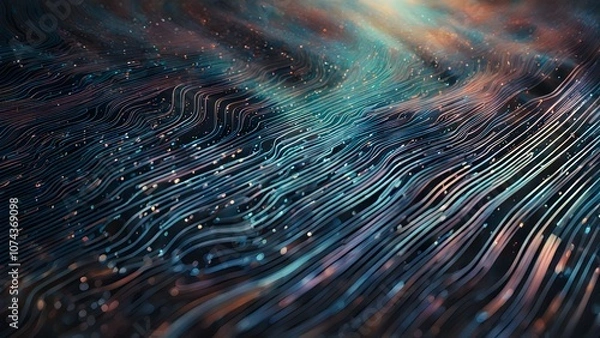 Fototapeta Abstract digital landscape with flowing lines and particles, evoking a sense of movement.