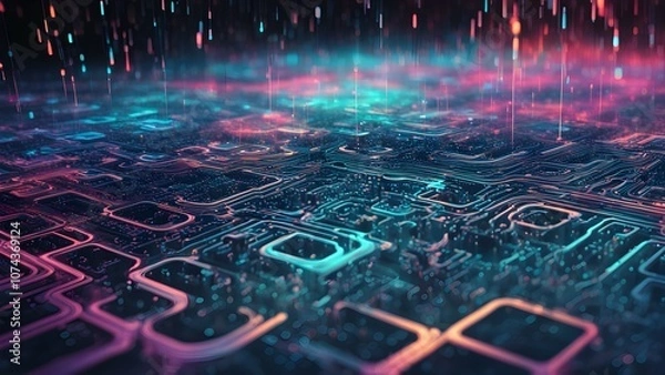 Fototapeta A futuristic digital landscape with glowing circuits and vibrant colors.
