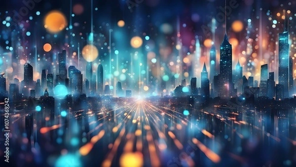 Fototapeta A vibrant city skyline with colorful lights and abstract patterns, evoking a futuristic vibe.