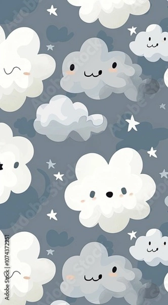 Obraz Cute clouds with faces and stars on a blue background.