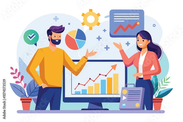 Fototapeta A man and woman are presenting work related to company growth in a vibrant office environment, Man and woman presenting work with company growth computer, flat illustration.