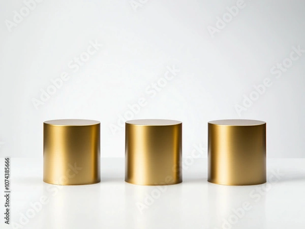 Fototapeta Three identical gold podiums isolated on a white background