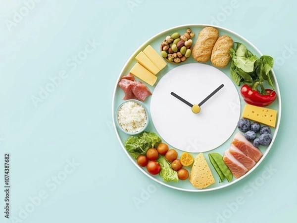 Fototapeta Food items arranged in a circle around a clock face, signifying meal timing. Flat illustration with gentle tones and straightforward design.