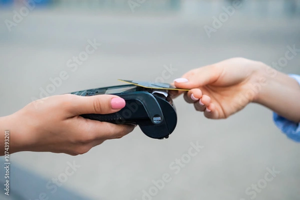 Obraz Customer using a payment terminal for contactless transaction at outdoor market.