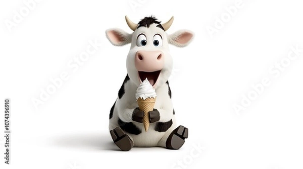 Fototapeta A cute cartoon cow eating ice cream from a cone, looking joyful, white background. Ultra-Realistic, Photo Realistic, highly detailed, 