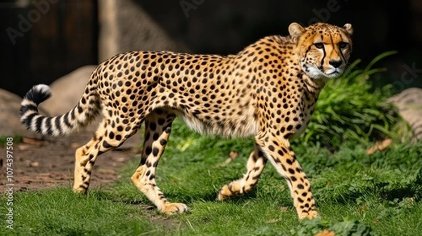 Obraz Cheetah, standing or running in the savannah, the speed at which the tiger moves is clear, the afternoon sunlight shines through