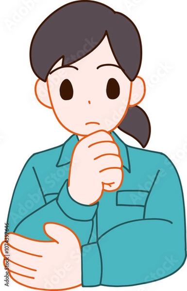 Fototapeta 作業服を着た考えるデフォルメ女性のイラスト