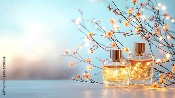 Fototapeta A delicate display of transparent glass perfume bottles shimmering in the soft spring light, exuding an air of romance and elegance.