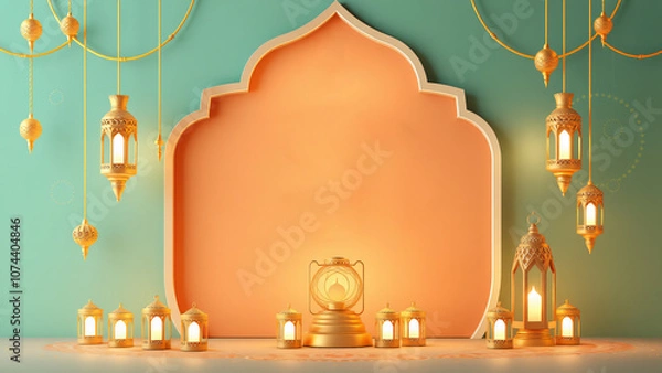 Fototapeta Ramadan with moon and star lantern decoration, abstract luxury islamic background
3d rendering illustration