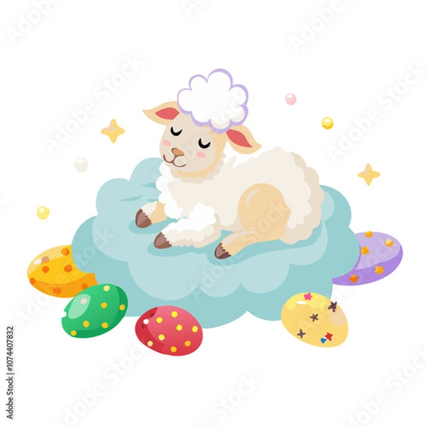Fototapeta Sleeping lamb on cloud with colorful Easter eggs and stars for holiday

