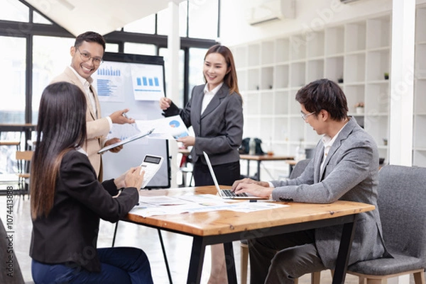 Obraz Asian business teamwork working with analysis report and advisor showing plan, Financial analysis and Marketing teamwork concept.