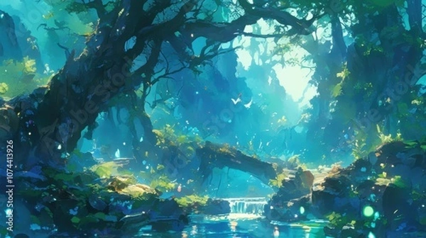 Fototapeta The air was filled with a soft soothing hum as the enchanted wave particles gently drifted through the forest bringing life and enchantment to the trees.