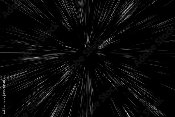 Fototapeta Bokeh white lines on black background. abstraction. abstract speed light motion blur texture. star particle or space traveling. black and white extrusion effect