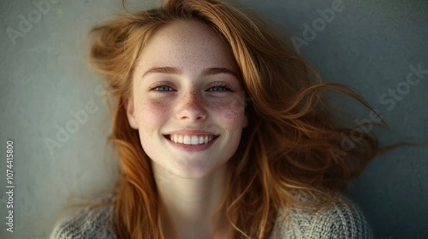 Fototapeta A young woman with freckles smiles warmly at the camera. Her red hair is styled in loose waves, adding to her relaxed and charming look.