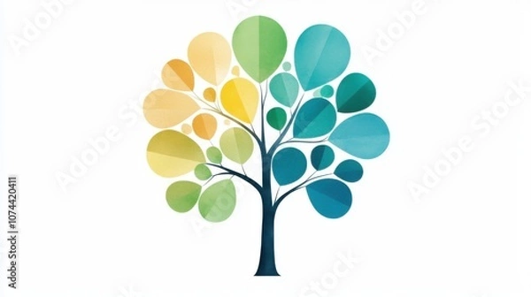 Fototapeta A vibrant, stylized tree design featuring colorful leaves in shades of green, yellow, and blue, symbolizing nature and growth.
