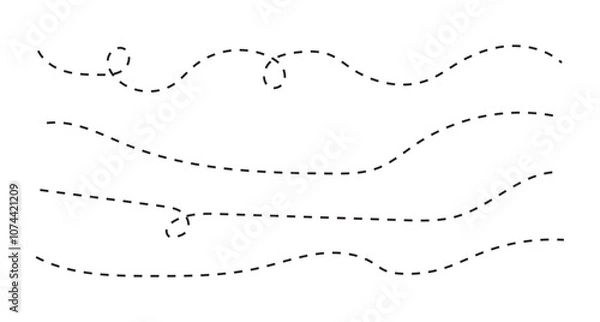 Fototapeta Wavy line, curved dotted line, Path travel dotted line trip dashed trace destination, Set of Wavy Curvy Dotted , Vector Illustration