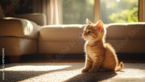 Fototapeta Cute Orange Kitten Sitting on a Carpet in Sunlight