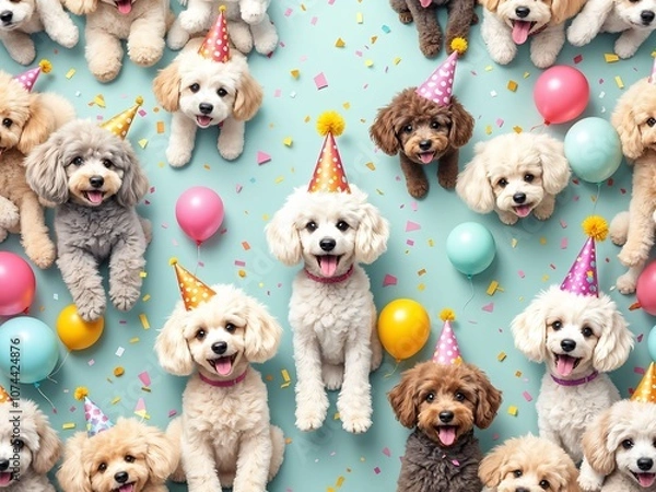 Fototapeta A Fun 3D Pattern Background Featuring Playful Poodles with Party Hats and Confetti, Surrounded by Colorful Balloons, Ideal for Dog-Themed Celebrations and Pet Party Invitations
