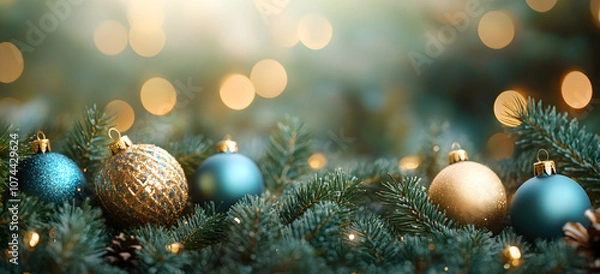 Fototapeta Christmas tree with golden baubles, fir cones and lights bokeh background. Space for text. Copy space. Greeting card.