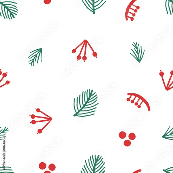 Fototapeta Hand drawn seamless pattern with christmas tree branches and berries.