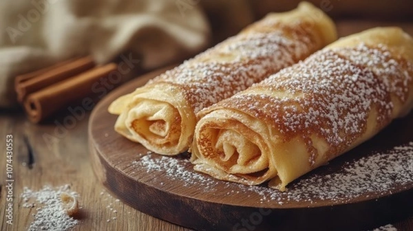 Fototapeta Two rolled-up pancakes with powdered sugar. Perfect for a food blog or recipe website.