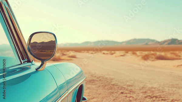 Obraz Desert Road View from Side of Vintage Blue Car – Minimal Retro Driving Scene in the Heat