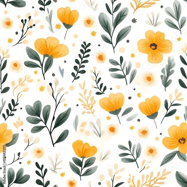 Fototapeta A cheerful floral pattern featuring yellow flowers and green leaves against a light background, ideal for spring-themed designs.