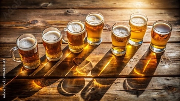 Fototapeta Aerial View of Rows of Glasses Filled with Beer on a Wooden Table, Capturing the Golden Hues and Bubbly Texture for a Perfect Summer Gathering Atmosphere