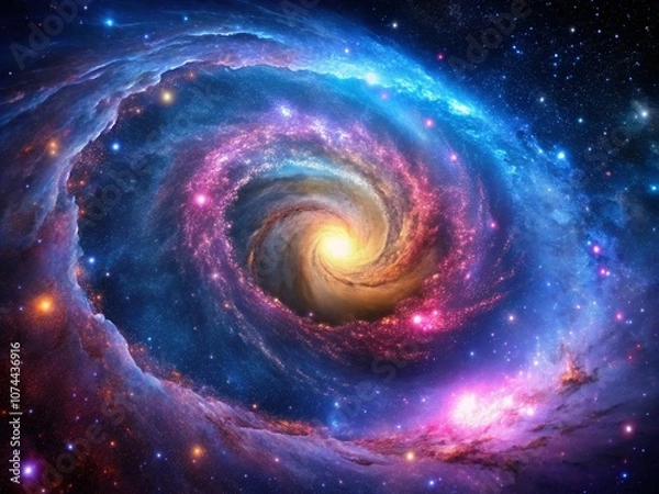 Fototapeta A Mesmerizing Spiral Galaxy Formation Rotating with Vibrant Colors Against the Vast Cosmos, Capturing the Beauty and Mystery of Space and Cosmic Phenomena