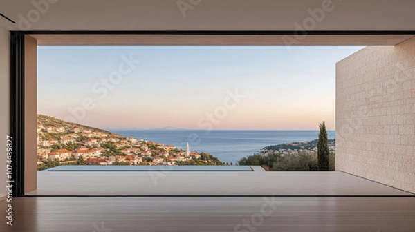 Obraz Modern architectural design featuring a panoramic sea view in the evening light