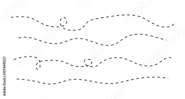 Fototapeta Wavy line, curved dotted line, Path travel dotted line trip dashed trace destination, Set of Wavy Curvy Dotted , Vector Illustration