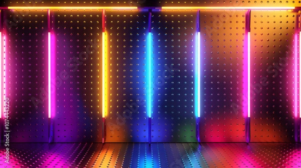 Fototapeta Neon lights in bold colors reflecting off a metallic background, evoking a retro vibe 