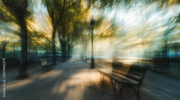 Fototapeta Blurred park background with vague shapes of trees and benches, creating a relaxed and natural feel