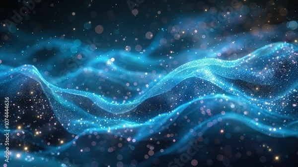 Obraz Ethereal Blue and Silver Waves of Light with Shimmering Particles Creating a Mystical and Dreamlike Background for Abstract and Cosmic Designs