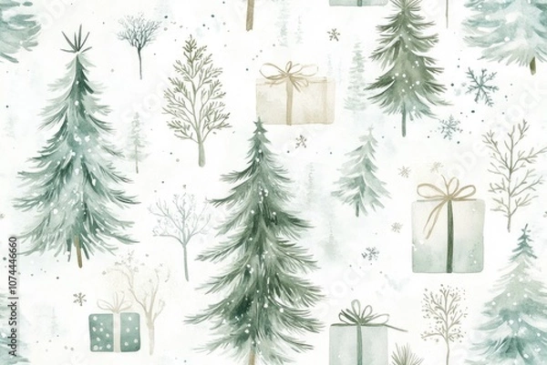 Fototapeta Watercolor seamless pattern with winter trees and gift boxes.