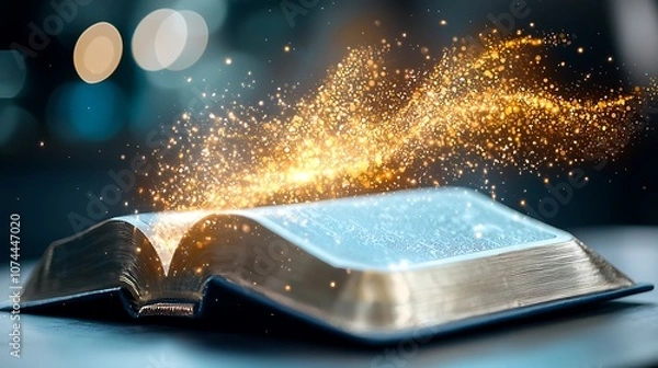 Fototapeta The banner for the Shining Holy Bible   Ancient Book features an intricate design with illuminated messages inspired by generative AI, creating a captivating and spiritual aesthetic.